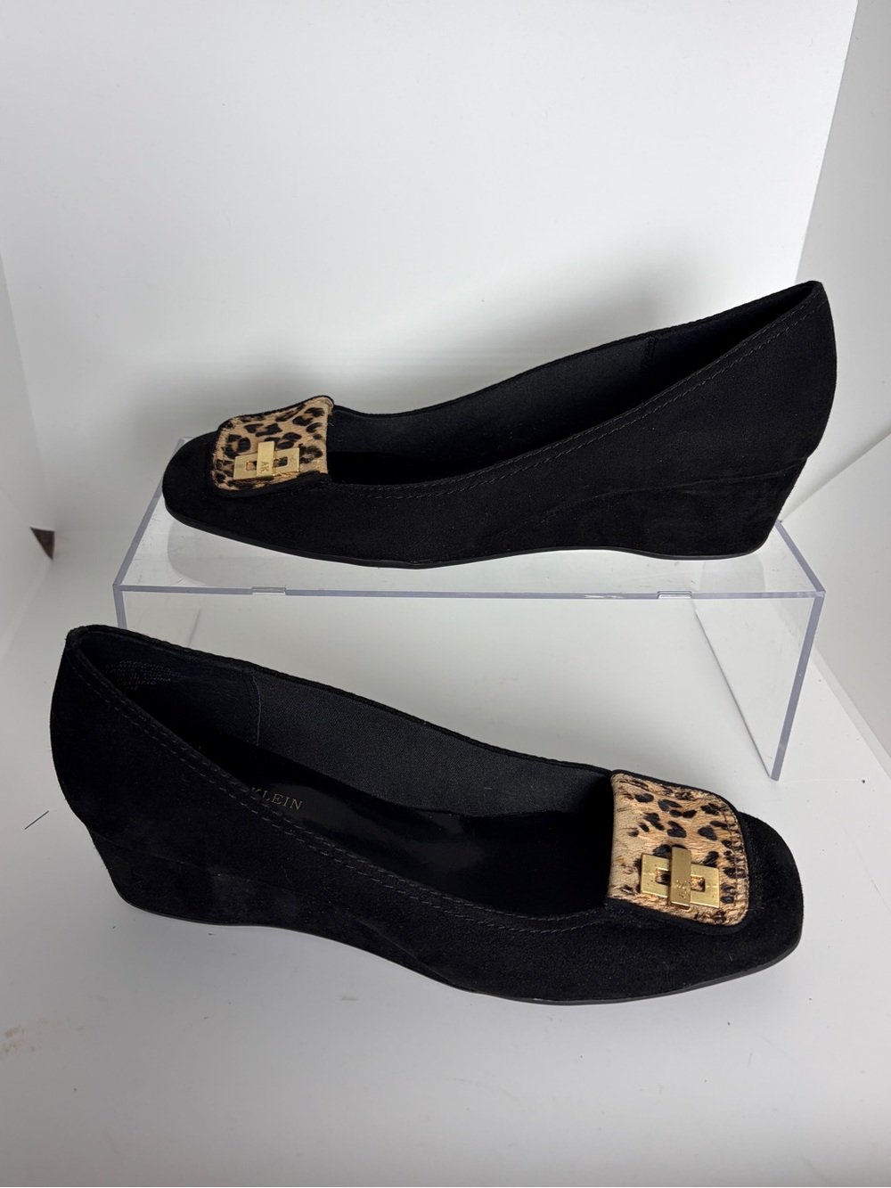 Anne Klein Enrik Suede Comfort Wedges w/ Leopard Print Accent in Black; Size 8 M